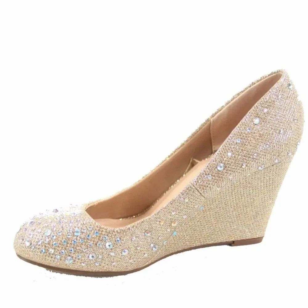 BRAND NEW ANDIAMO WOMENS CLOSE ROUND TOE LOW WEDGE GLITTER RHINESTONE SH…